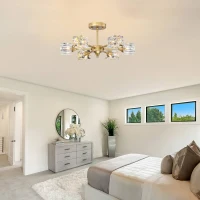 Modern Luxurious Crystal Ceiling Light with 6 Lights G9 Bulb, Flush Mount Pendant Lamp for Dining Room, Living Room, Bedroom, Hall, Balcony, 16.54"x14.96"x8.7", Gold(m-9)