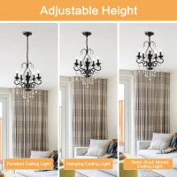 18.1" Classic Vintage Crystal Candle Chandelier, 5-Light Pendant Ceiling Fixture, Adjustable Chain, E12 Bulb Compatible, Chandelier Beads, for Living Room, Matte Black(m-5)