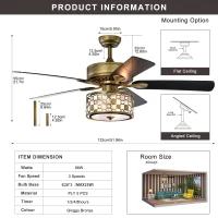 52" Antique Bronze Metal Ceiling Fan with 3 Lights, Crystal Chandelier, 5 Wood Blades, Remote Control, Reversible Airflow, Adjustable Height, Antique Brass(m-3)