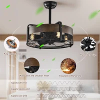 20.6" Caged Ceiling Fan with Lights, Remote Control, Bladeless Retractable 3-Speed, 1/2/4 Timer, Outdoor Ceiling Fan with Light Flush Mount, for Bedroom, Matte Black(m-6)