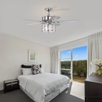 52" Elegant Ceiling Fan Light with Remote, Crystal Chandelier Fan with 5 Reversible Wood Blades, Silent Motor, and Adjustable Wind Speed for Dining Room, Bedroom, Living Room, Chrome(m-8)