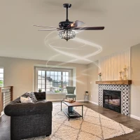 52'' Crystal Shade Ceiling Fan Lamp with Remote Control, 3 Speed, 5 Reversible Blades, Dual Mount Compatible, for Living Room, Dining Room, Bedroom, Matte Black(m-5)
