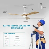 52" Ceiling Fan with Lights and Remote Control, Quiet DC Motor, 6 Speed Levels, Reversible Blades, for Patio, Living Room, Bedroom, Office, White(m-3)