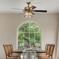 52" Antique Bronze Metal Ceiling Fan with 3 Lights, Crystal Chandelier, 5 Wood Blades, Remote Control, Reversible Airflow, Adjustable Height, Antique Brass(m-9)
