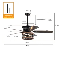 52 Inch Farmhouse Ceiling Fan with Lights and Remote, 3-Speed Reversible Motor, Caged Light Fixture, Intelligent Timing, Quiet Operation, Matt Black(m-3)
