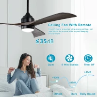 52" Ceiling Fan with Lights and Remote Control, Quiet DC Motor, 3 Blades, 6 Speed Levels, Reversible, for Indoor Patio, Living Room, Bedroom, Office, Matte Black(m-6)