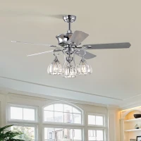 52'' Crystal Ceiling Fan Lamp with with 3-Light Crystal Chandelier, Remote Control, 3 Speed, 5 Reversible Blades, Dual Mount Compatible, for Living Room, Chrome(m-1)