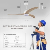 52" Ceiling Fan with Light and Remote Control, Noiseless Reversible Motor, 6 Speeds, 3 Color Options, Indoor/Outdoor Use, Matte White(m-3)