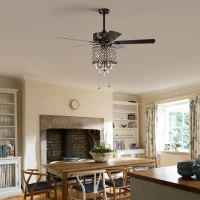 52'' Classical Crystal Ceiling Fan Lamp with 3-Speed, 5 Reversible Blades, Dual Mount Compatible, Quiet Reversible Motor, Flush Mount Ceiling Fan, Rustic Brown(m-9)