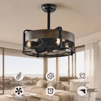 20.6" Caged Ceiling Fan with Lights, Remote Control, Bladeless Retractable 3-Speed, 1/2/4 Timer, Outdoor Ceiling Fan with Light Flush Mount, for Bedroom, Matte Black(m-4)