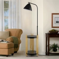 Luxury Floor Lamp with Shelves and Metal Lampshade, Industrial Standing Lamp for Living Room, Bedroom, Office, Convenient Pedal Switch, Gold+Matte Black(m-9)