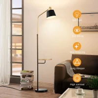 Real Marble Floor Lamp with Wood Bedside Nightstand, Built-in USB Charging Port, and Convenient Pedal Switch for Living Room or Bedroom, Matte Black(m-4)