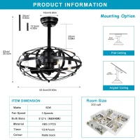 Industrial Bladeless Ceiling Fan with Lights, 18" Caged Design, Reversible Motor, Remote Control, Downrod Mount, E12 Standard Base, Matte Black(m-3)