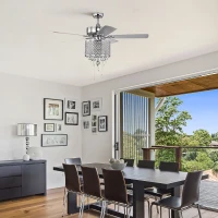 52'' Classical Crystal Ceiling Fan Lamp with 3-Speed Hand Pull Chain, 5 Reversible Blades, Dual Mount Compatible, Quiet Reversible Motor, Chrome(m-9)