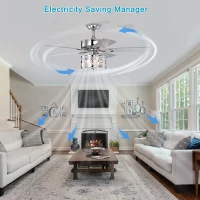 52" Elegant Ceiling Fan Light with Remote, Crystal Chandelier Fan with 5 Reversible Wood Blades, Silent Motor, and Adjustable Wind Speed for Dining Room, Bedroom, Living Room, Chrome(m-4)