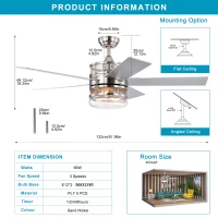 52-Inch Ceiling Fan with 5 Reversible Plywood Blades, Dual Lamp Shade, Remote Control, and Quiet Motor, Nickel(m-3)