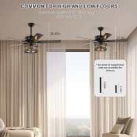 52 Inch Farmhouse Ceiling Fan with 3 Lights, 5 Wood Blades, AC Motor, Remote Control, Reversible Airflow, Multi-Speed, Adjustable Height, Matt Black(m-6)