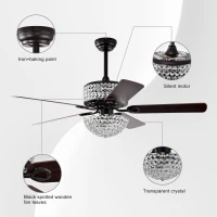 52" Dual Crystal Shade Ceiling Fan with 5 Wood Blades, 6-light, Remote Control, Reversible Airflow, Multi-Speed, Adjustable Height, Matt Black(m-7)
