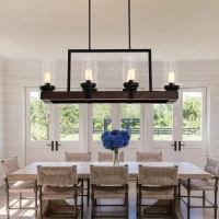 6-Light Classic Vintage Crystal Candle Chandelier Fixture, Adjustable Height, E26 Base, Matte Black/Wood Grain Finish, 36.6"x13.5"x42.9", Matte Black(m-1)