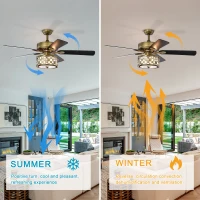 52" Antique Bronze Metal Ceiling Fan with 3 Lights, Crystal Chandelier, 5 Wood Blades, Remote Control, Reversible Airflow, Adjustable Height, Antique Brass(m-5)