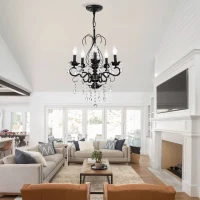 18.1" Classic Vintage Crystal Candle Chandelier, 5-Light Pendant Ceiling Fixture, Adjustable Chain, E12 Bulb Compatible, Chandelier Beads, for Living Room, Matte Black(m-1)