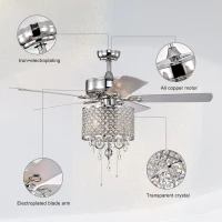 52'' Classical Crystal Ceiling Fan Lamp with 3-Speed Hand Pull Chain, 5 Reversible Blades, Dual Mount Compatible, Quiet Reversible Motor, Chrome(m-7)