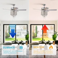 52'' Classical Crystal Ceiling Fan Lamp with 3-Speed Hand Pull Chain, 5 Reversible Blades, Dual Mount Compatible, Quiet Reversible Motor, Chrome(m-4)