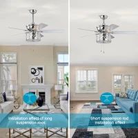 52'' Ceiling Fan with 5 Reversible Blades, Quiet 3-Speed Motor, Dual Mount Compatible, Pull Chain Control, Chrome(m-6)