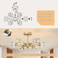 Modern Luxurious Crystal Ceiling Light with 6 Lights G9 Bulb, Flush Mount Pendant Lamp for Dining Room, Living Room, Bedroom, Hall, Balcony, 16.54"x14.96"x8.7", Gold(m-6)