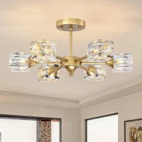 Modern Luxurious Crystal Ceiling Light with 6 Lights G9 Bulb, Flush Mount Pendant Lamp for Dining Room, Living Room, Bedroom, Hall, Balcony, 16.54"x14.96"x8.7", Gold(m-1)