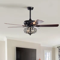 52'' Crystal Shade Ceiling Fan Lamp with Remote Control, 3 Speed, 5 Reversible Blades, Dual Mount Compatible, for Living Room, Dining Room, Bedroom, Matte Black(m-1)