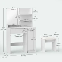 HOMCOM Vanity Set with Mirror and Stool, Makeup Vanity Table with Storage Drawer, Cabinet, Adjustable Shelf for Bedroom, White(m-3)