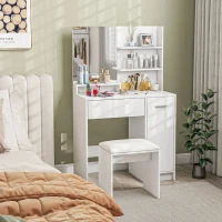 HOMCOM Vanity Set with Mirror and Stool, Makeup Vanity Table with Storage Drawer, Cabinet, Adjustable Shelf for Bedroom, White(m-8)