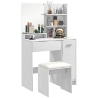 HOMCOM Vanity Set with Mirror and Stool, Makeup Vanity Table with Storage Drawer, Cabinet, Adjustable Shelf for Bedroom, White(m-11)