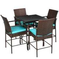 Outsunny 5-Piece Wicker Bar Set, Patio Bar Table Chair with Parasol Hole for Poolside, 31.5"x31.5"x39.8", Brown(m-10)