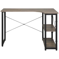 HOMCOM L-Shaped Computer Desk Home Office Corner Desk Study Workstation Table with 2 Shelves, Steel Frame, Brown(m-11)