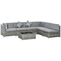 Outsunny 7pc Garden Wicker Sectional Set w/ Tea Table Patio Rattan Lounge Sofa Outdoor Deck Furniture Light Grey(m-13)