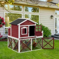 PawHut 44" Chicken Coop, Wooden Hen Run House, Rabbit Hutch with Nesting Box, Removable Tray, Asphalt Roof, Planting Lattice, Red(m-11)