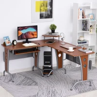 HOMCOM L-Shaped Computer Desk for PC, Corner Table for Small Spaces with Elevated Shelf, Keyboard Tray, CPU Stand, Home Office Workstation, Brown Wood Grain(m-8)