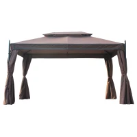 Outsunny 10x13ft Garden Gazebo Double-Tiered with Curtain Outdoor Shelter Backyard Canopy, Coffee(m-11)