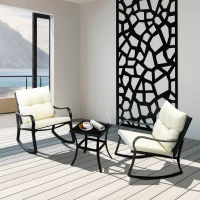Outsunny 3 Pieces Patio Wicker Rocking Chairs Table Set, Outdoor PE Rattan Furniture with 2 Rockers & 1 Coffee Table w/ Padded Cushions for Deck, Backyard, Garden, Cream White(m-8)
