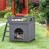 PawHut 2-Story Pet House for Cats Miniature Sized Dogs, Wooden Kitten Shelter with Enclosure, Balcony, Lockable Gate, Stairs, Grey(m-8)