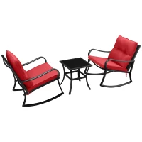 Outsunny 3 Pieces Patio Wicker Rocking Chairs Table Set, Outdoor PE Rattan Furniture with 2 Rockers & 1 Coffee Table w/ Padded Cushions for Deck, Backyard, Garden, Red(m-11)