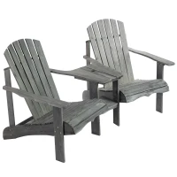 Outsunny Double Wooden Adirondack Chair Muskoka Chair with Middle Table, Outdoor Patio Porch Tete-A-Tete Bench Two Seater w/ Umbrella Hole, Grey(m-11)