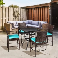 Outsunny 5-Piece Wicker Bar Set, Patio Bar Table Chair with Parasol Hole for Poolside, 31.5"x31.5"x39.8", Brown(m-11)