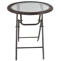 Outsunny 26.8" Dia. (68 Dia. cm) Folding Round Tempered Glass Metal Table with Brown Rattan Edging, Brown(m-11)