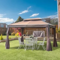 Outsunny 10x13ft Garden Gazebo Double-Tiered with Curtain Outdoor Shelter Backyard Canopy, Coffee(m-8)