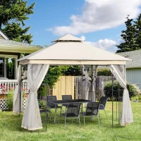 Outsunny 10'x10' Soft-top Steel Patio Gazebo Outdoor Sun Shelter with 2-Tier Polyester Roof, Curtain Sidewalls, White(m-8)