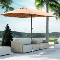 Outsunny Patio Umbrella 15' Steel Rectangular Outdoor Double Sided Market with base, UV Sun Protection & Easy Crank for Deck Pool Patio, Coffee(m-16)