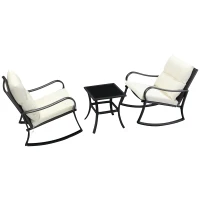 Outsunny 3 Pieces Patio Wicker Rocking Chairs Table Set, Outdoor PE Rattan Furniture with 2 Rockers & 1 Coffee Table w/ Padded Cushions for Deck, Backyard, Garden, Cream White(m-11)